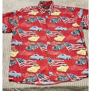 Red Head XL Cotton Hot Rod Hawaiian Shirt Red White Blue American Flags Cars Dad